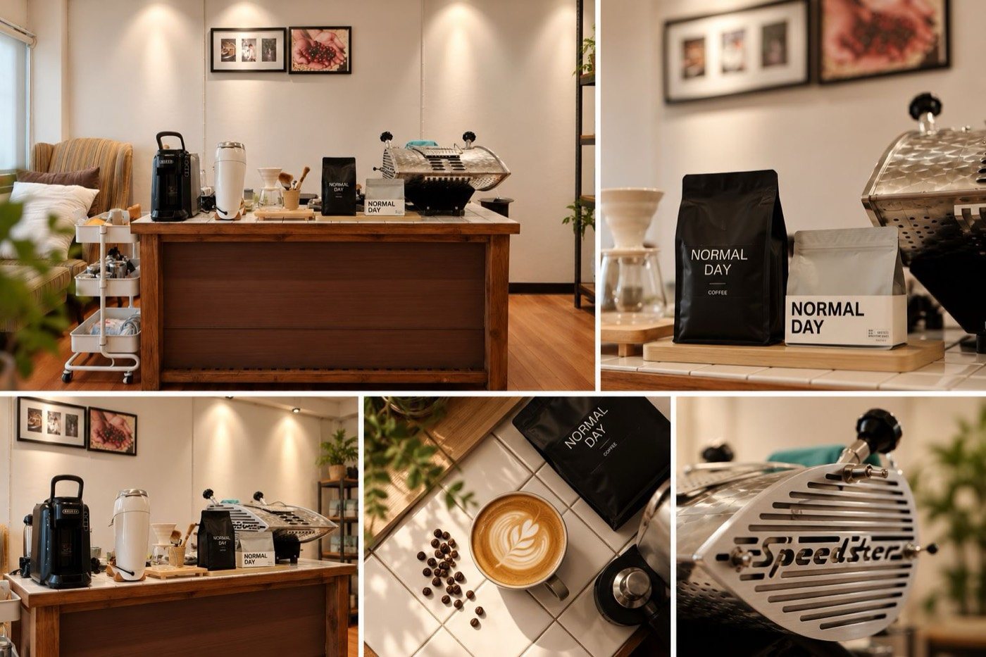 Normal Day bags on the lab counter beside the espresso machine, a cappuccino, and the group head in close-up