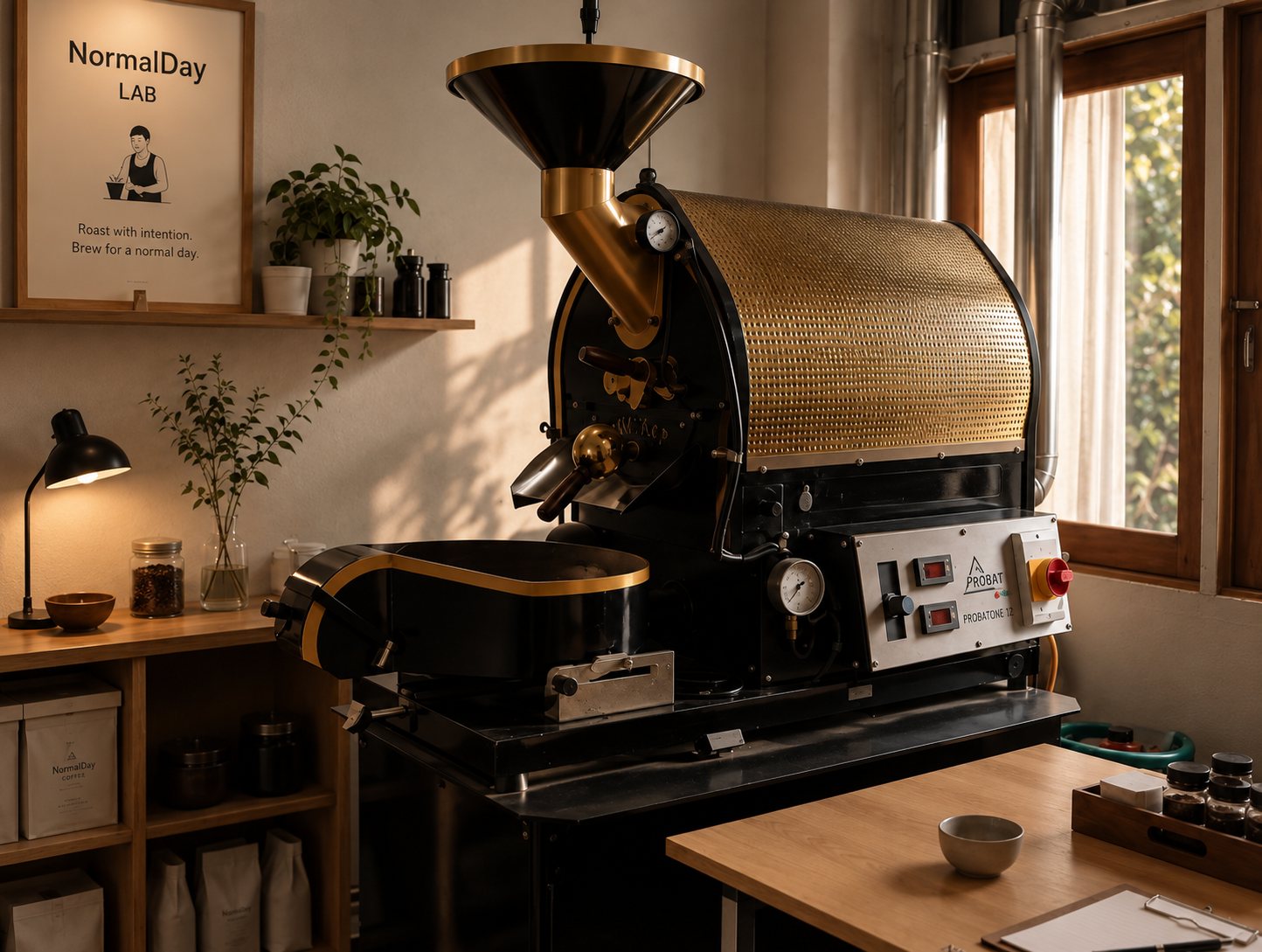 The lab laid out: the Probat Probatino, the cupping table, and house bags on the shelf